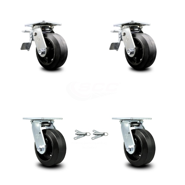 6 Inch Rubber on Steel Caster Set with Ball Bearings 2 Brake 2 Swivel Lock SCC